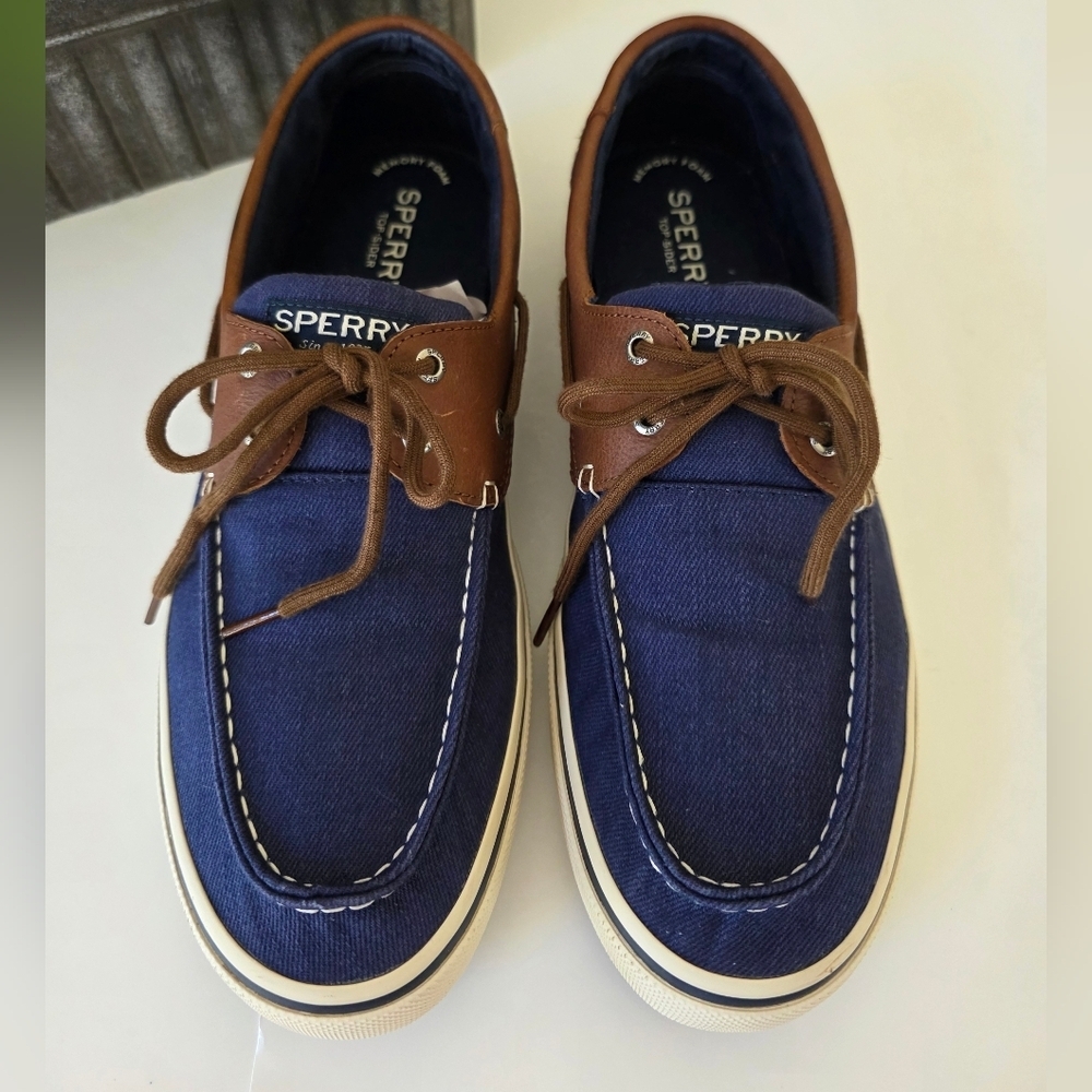 Sperry Halyard 2 Eye Boat Shoes Navy Denim Leather Trim MN 13 Wide Preppy Casual - Picture 2 of 12